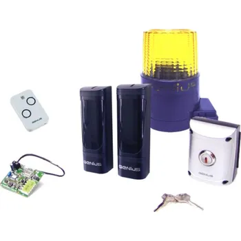 Pohon brány ELEKTROKIT sada příslušenství pohonů Genius - sestava - přijímač 868 MHz, vysílač KILO, klíčový spínač QUICK, fotobuňky VEGA, maják 230V