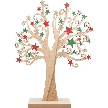 Vánoční dekorace Strom dřevěný s barevnými hvězdami 22 x 30 cm
