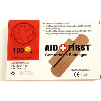 Náplast AID First odolná náplast s polštářkem 100+4 ks (voděodolné náplasti | rychlé hojení ran | hypoalergenní náplasti | první pomoc | domácí lékárnička | prodyšné náplasti | ošetření puchýřů | odřeniny a řezné rány | dětské náplasti | sportovní náplasti |)
