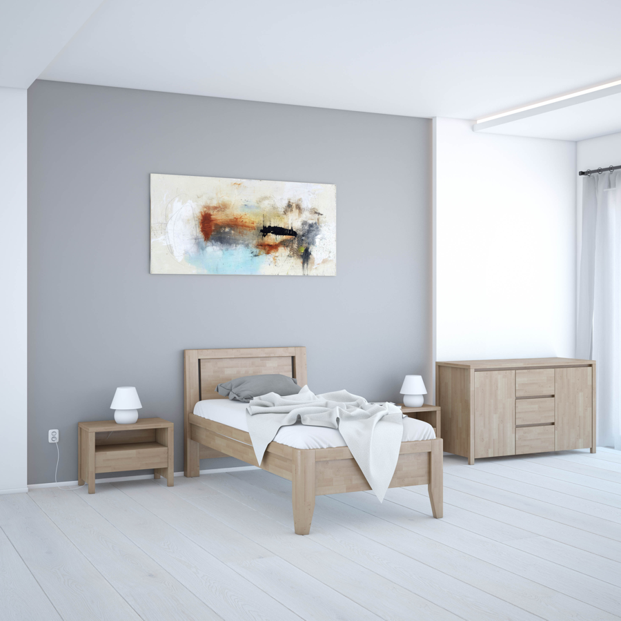 Dřevěná postel MATTEO 50+ z bukového, jasanového nebo dubového masivu výrobce světspánku.cz. Dostupná ve všech rozměrech, včetně atypických. 200x120, olej Bělený, dub