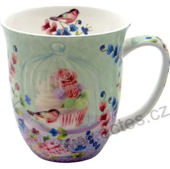 CUPCAKES velký porcelánový mega hrnek ptáček u dortíku s květinami