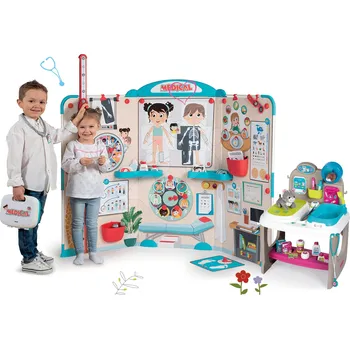 Dětská kuchyňka Set lékařská ordinace s anatomií lidského těla Doctor's Office Smoby se zvěrolékařskou ordinací a kočkou s křečkem