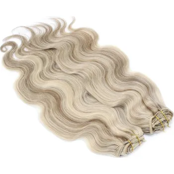 Příčesek Deluxe clip in vlasy vlnité 100% lidské REMY 50cm - platina/světle hnědá