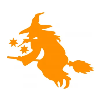 Samolepící dekorace Čarodějnice 001 levá na koštěti (06 - oranžová) SAMOLEPKA NA AUTO, NÁLEPKA, FÓLIE, POLEP, TUNING, VLASTNÍ TEXT, TISK, AUTOSAMOLEPKY.cz, POLEPY, OBRÁZEK, LOGO, 3D STICKERS