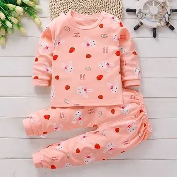 Dívčí pyžamo Čína Dětská animovaná pyžámka s dlouhým rukávem a kalhotama Varianta: králíčci a jahody, růžová, Velikost: 100 (3 roky)