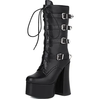 Dámské kozačky Kožené kozačky na podpatku s pásky GoodDayGirl Velikost: 38, Varianta: PU kůže