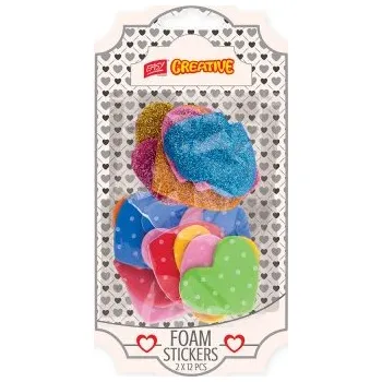 Dekorativní pěnové nálepky - MIX barev 12 třpytivých srdíček + 12 puntikatých