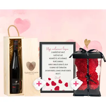 Dárková krabička Set - Medvídek z růží, plakát s věnováním + Dřevěná krabička s vínem Krabička: S datem seznámení, Víno: bez vína