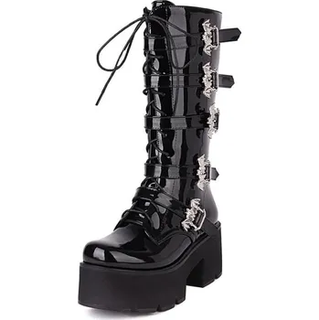 Dámské kozačky Kožené kozačky na platformě s 5 pásky GoodDayGirl Velikost: 41, Barva (Varianta): Lakovaná kůže