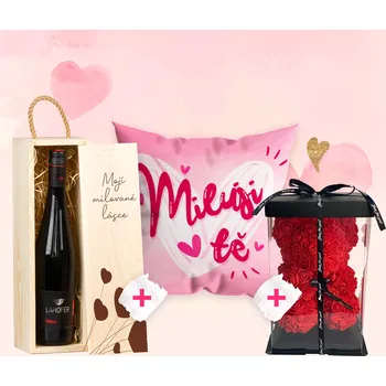 Dárková krabička Set - Medvídek z růží, polštář + Dřevěná krabička s vínem Krabička: Milované lásce, Víno: bez vína