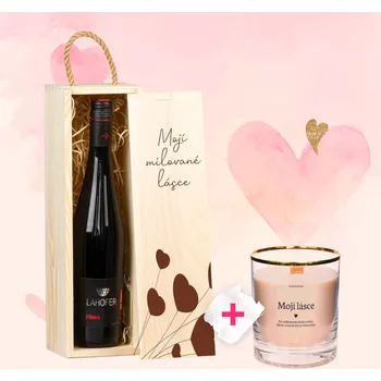 Dárková krabička Set - Svíčka s věnováním + Dřevěná krabička s vínem Krabička: Milované lásce, Víno: bez vína