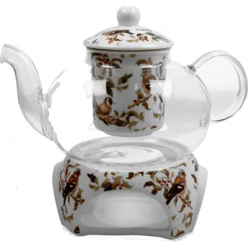 Filtrační konvice DUO Gifts DG - Skleněná konvice s ohřívačem na čajovou svíčku Ptáčci v dárkové krabičce - 1000 ml