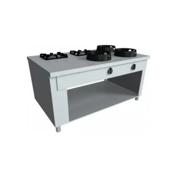 Sporák Čínský sporák plynový otevřená podestavba 3 hořáky WOK vpředu, 2 hořáky EUR vzadu Casta