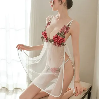 Dámská noční košile Dámská souprava sexy vyšívané průhledné noční košilky a tanga , S-M Barva: Bílá, Velikost: S