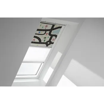 Stavební výplň Kombinovaná roleta VELUX DFD Kolekce pro dobrou noc - nová generace Barva rolety: Modrá obloha (4660), Barva vodicí lišty: Bílý lakovaný hliník (SWL), Označení okna (ze štítku na okně): CK02 55x78 cm