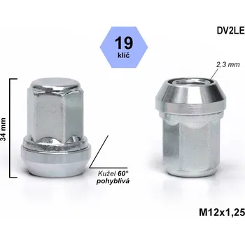 Matice na kolo Kolová matice M12x1,25 kužel plovoucí, zavřená, klíč 19, DV2LE, výška 34 mm