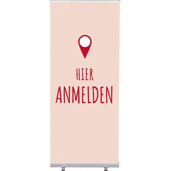 Kancelář Set Roll-baneru Budget s vytištěným motivem, šířka 85 cm, Přihlášení, červený, německy