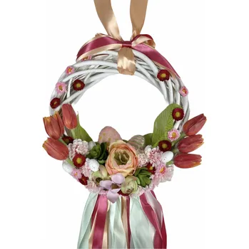Recenze RK Dekorace Velikonoční závěsný věnec s růžovými vejci a tulipány 35 cm
