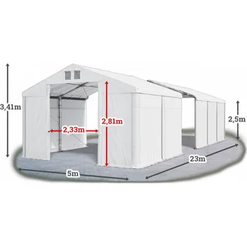 Zahradní stan Skladový stan 5x23x2,5m střecha PVC 580g/m2 boky PVC 500g/m2 konstrukce ZIMA PLUS Bílá Bílá Bílá