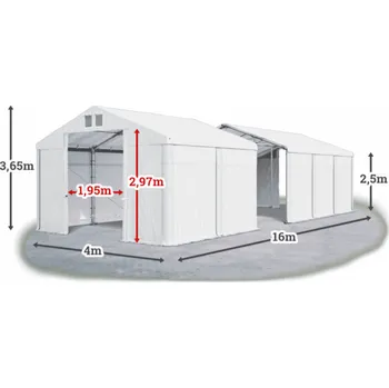 Zahradní stan Skladový stan 4x16x2,5m střecha PVC 560g/m2 boky PVC 500g/m2 konstrukce ZIMA PLUS Bílá Bílá Bílá