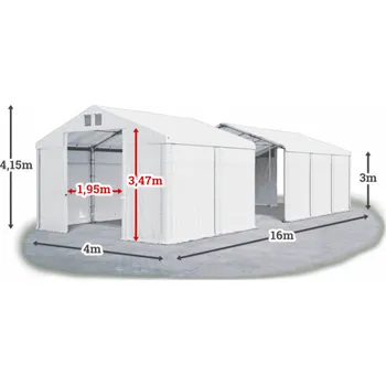 Zahradní stan Skladový stan 4x16x3m střecha PVC 560g/m2 boky PVC 500g/m2 konstrukce ZIMA Bílá Bílá Bílá