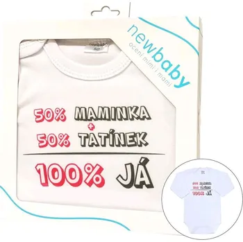 Kojenecký body Body s potiskem New Baby 50% MAMINKA + 50% TATÍNEK - 100% JÁ růžové - dárkové balení, vel. 56 (0-3m)