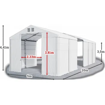 Zahradní stan Skladový stan 5x20x3,5m střecha PVC 560g/m2 boky PVC 500g/m2 konstrukce ZIMA Bílá Bílá Bílá