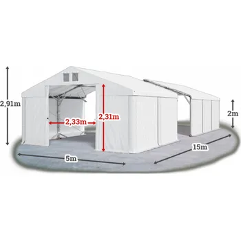Zahradní stavba Skladový stan 5x15x2m střecha PVC 580g/m2 boky PVC 500g/m2 konstrukce POLÁRNÍ PLUS Bílá Bílá Bílá