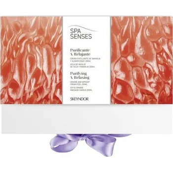 Kosmetická sada Skeyndor Spa Senses Purifying and Relaxing Set - Pomerančovo-meruňkový peeling 200 ml + sójová masážní svíčka 200g Dárková sada