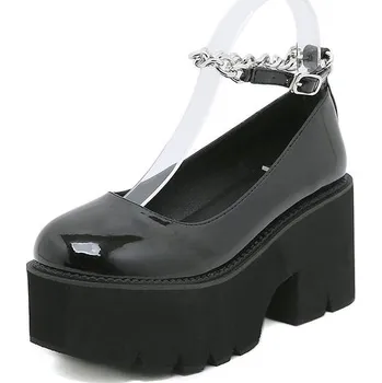 Dámské lodičky Lakované lodičky s řetízkem kolen kotníku Barva: Černá, Velikost: 42