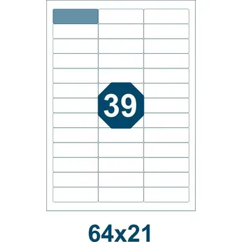 Speciální papír Samolepicí etikety, délka 64 mm, šířka 21 mm, 39 ks na archu A4, 100 listů/bal.