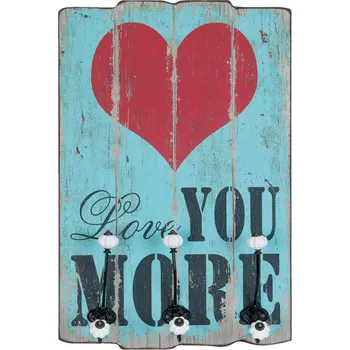 Bytová dekorace Nástěnná dřevěná cedule s háčky Love you More - 40*13*60cm