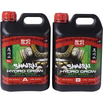 Hnojivo Shogun Samurai Hydro Grow A+B 5L měkká voda (SHOGUN Samurai Hydro je kompletní dvousložková hydroponická výživa, která konkuruje všem ostatním. Obsahuje rafinované, přesně formulované složky, které zajišťují úžasný vegetativní a kvetoucí vývoj rostlin. Pr