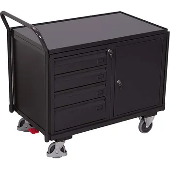 Dílenský vozík VARIOfit, horní madlo, pracovní plocha 985 x 590 mm, 1 skříňka, 4 zásuvky, barva antracit RAL7016 /deska šedá