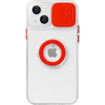 Pouzdro na mobilní telefon Transparentní kryt s držákem na prst a krytkou kamery pro iPhone 13 - červený