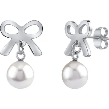 Náušnice Ocelové visací náušnice Shelby s mašlí a syntetickou perlou KMM88006