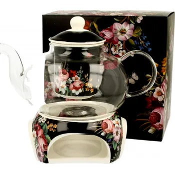 Filtrační konvice DUO Gifts DG - Skleněná konvice s ohřívačem na čajovou svíčku VINTAGE FLOWERS BLACK v dárkové krabičce - 1000 ml