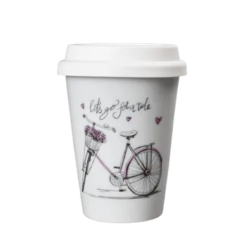 Termohrnek Porcelánový pohárek Coffee to Go s víčkem a páskou dekor dámské kolo - 310 ml