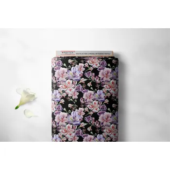 Orbytex Kočárkovina metráž šíře 160 cm, nepromokavá látka, vzor fialovorůžový květ na černé