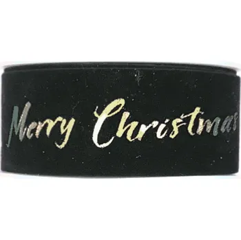 Stuha Stuha sametová VELUTTO černá zlatý potisk 25mm x 3m (10,-Kč/m) (Stuha sametová černá, zlatý potisk Merry Christmas)