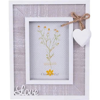 Rám na obraz Šedý dřevěný fotorámeček s bílou patinou a srdíčkem Woodia - 16*2*20 cm / 9*13 cm