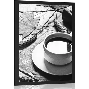 Plakát Dovido Plakát šálek kávy v podzimním nádechu v černobílém provedení