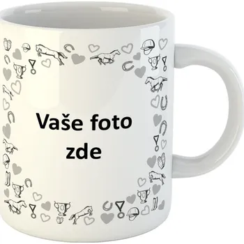 Hrneček s vlastní fotkou a srdíčky s doplňky pro koně okolo - 330ml bílý Barva: Šedá