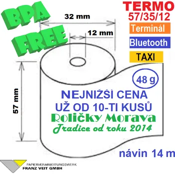 Kotouček do pokladny a tiskárny štítků Termo kotouček 57/35/12 BPA 14m (57mm x 14m) Množství: 160 ks kotoučků v kartonu