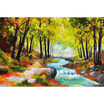 Fototapeta DIMEX | Vliesová fototapeta Malba - Řeka v lese MS-5-2032 | 375 x 250 cm| zelená, modrá, žlutá, oranžová + Vliesová fototapeta na stěnu DIMEX Malba - Řeka v lese MS52032 v rozměru 375 x 250 cm + lepidlo zdarma