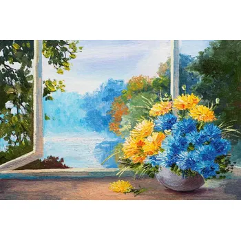 Fototapeta DIMEX | Vliesová fototapeta Malba - Modré květiny MS-5-2002 | 375 x 250 cm| zelená, modrá, žlutá, hnědá + Vliesová fototapeta na stěnu DIMEX Malba - Modré květiny MS52002 v rozměru 375 x 250 cm + lepidlo zdarma