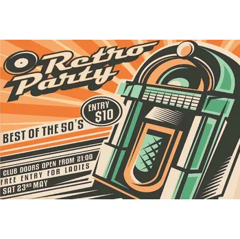 Fototapeta DIMEX | Vliesová fototapeta Pozvánka na retro párty MS-5-2133 | 375 x 250 cm| zelená, béžová, černá, oranžová + Vliesová fototapeta na stěnu DIMEX Pozvánka na retro párty MS52133 v rozměru 375 x 250 cm + lepidlo zdarma