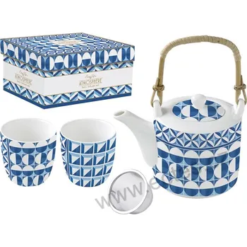 Konvice na čaj Easy Life GEOMETRIC BLUE porcelánový čajový set: konvice a kelímky modrobílé geometrické tvary *ATMOSPHERE* 600ml + 2x160ml