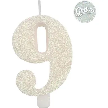 Dortová svíčka Svíčka číslo 9 bílá s glitrem 9,5 cm gi50809