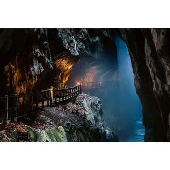 Fototapeta DIMEX | Vliesová fototapeta Jeskynní chodba MS-5-1754 | 375 x 250 cm| modrá, černá, oranžová, šedá + Vliesová fototapeta na stěnu DIMEX Jeskynní chodba MS51754 v rozměru 375 x 250 cm + lepidlo zdarma